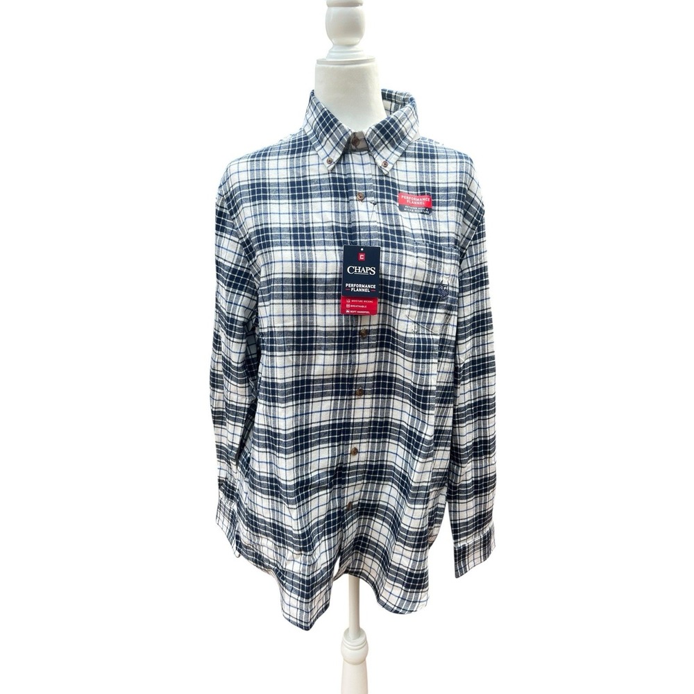 NWT Mens Chaps Performance Flannel Shirt Classic Fit Navy Plaid Long Sleeve Sz L